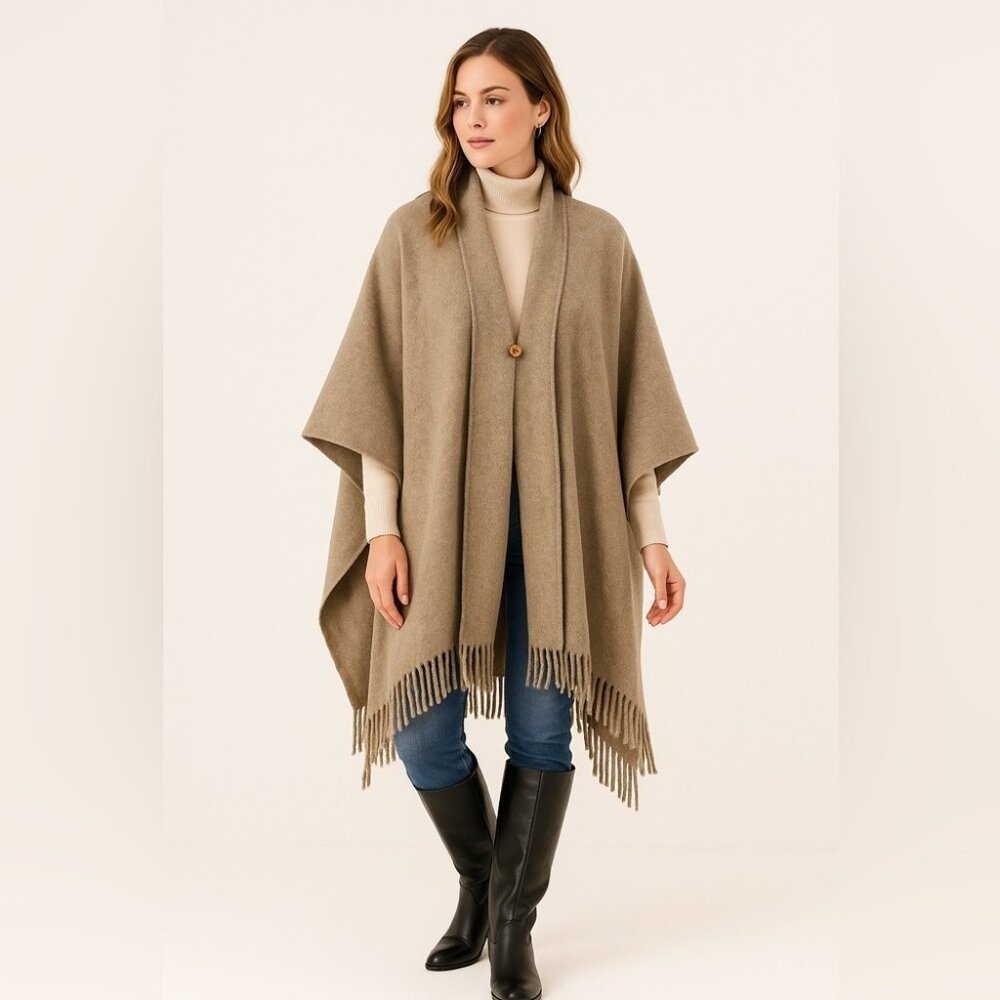 Wool Blend Taupe Fringe Shawl Wrap One Size Boho Minimalist Winter Cozy